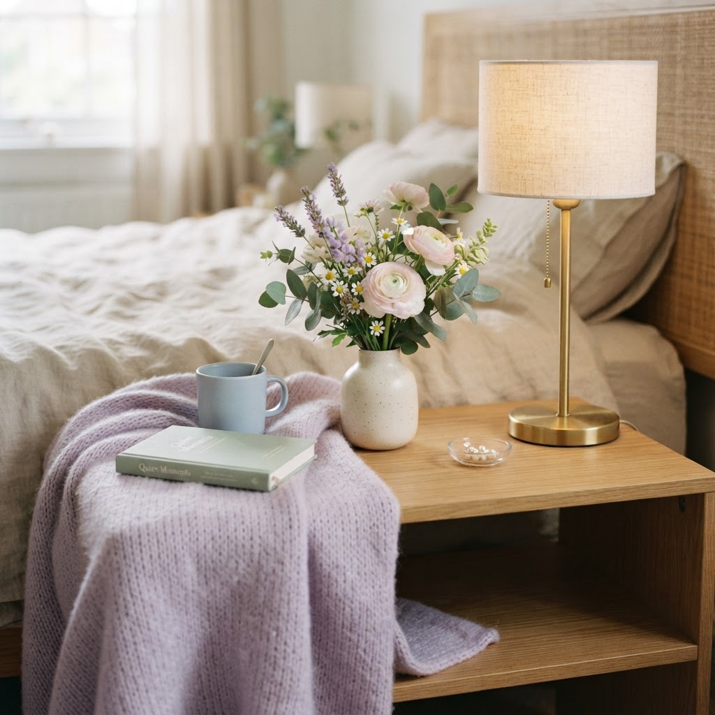 Curated textures and pastel decor items create a cohesive aesthetic.