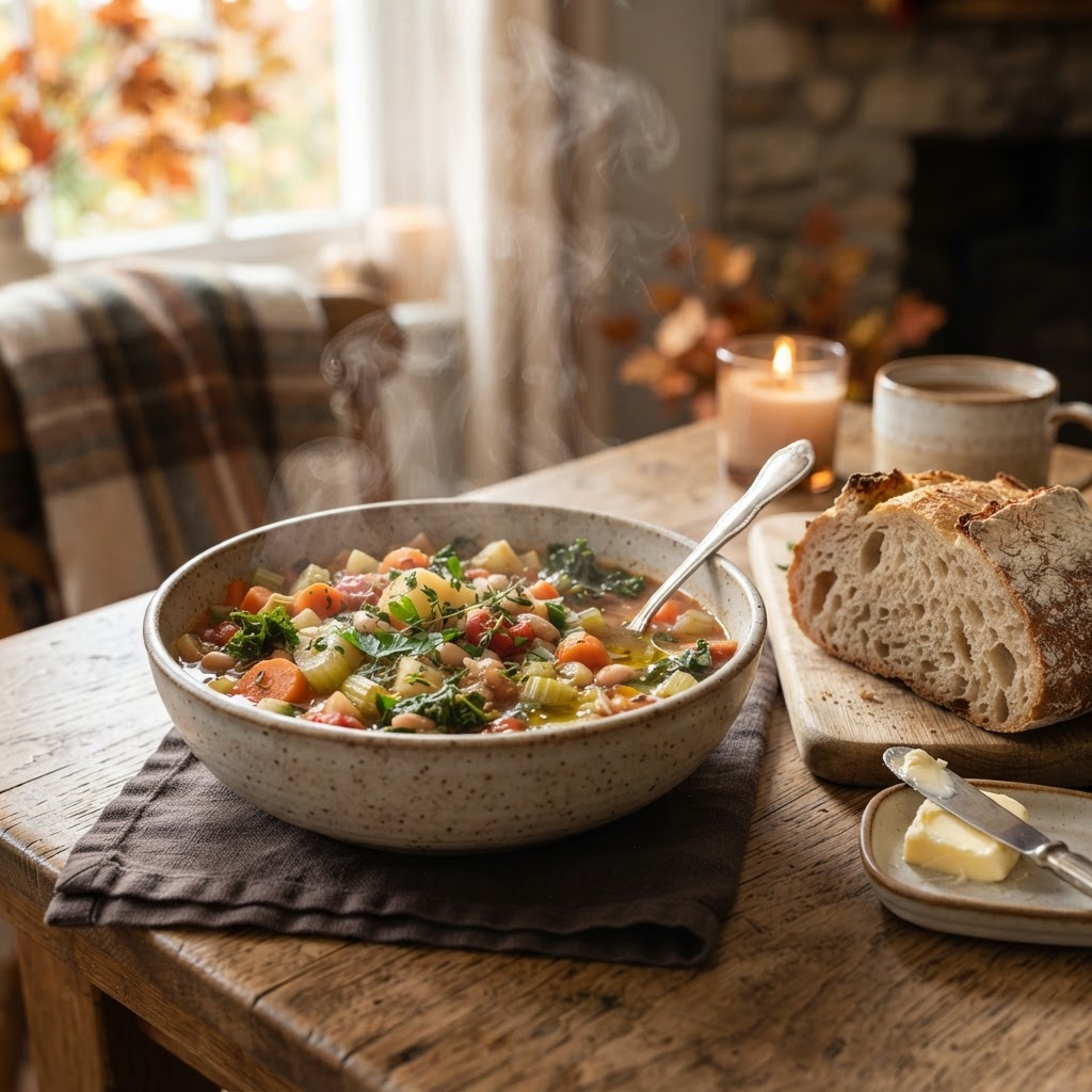 Hearty slow cooker vegetable soup served with fresh bread.