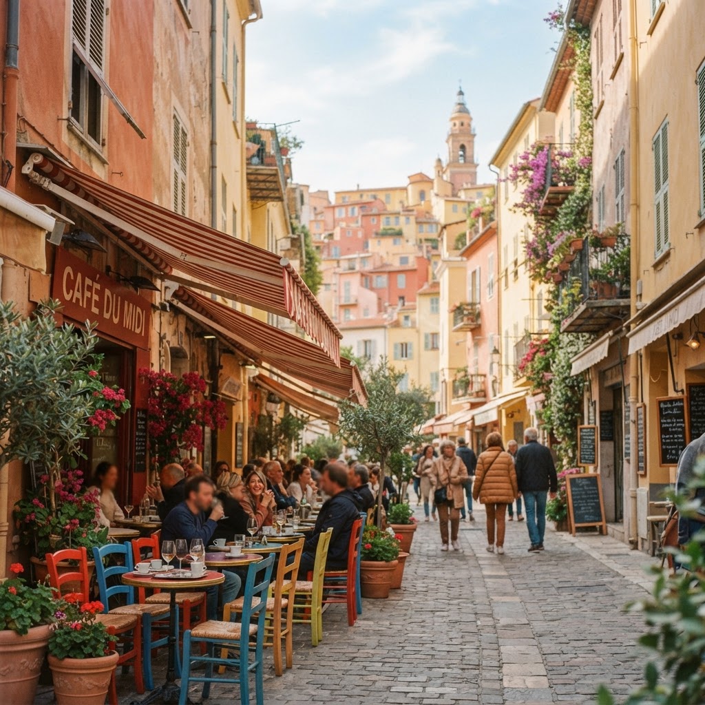 Outdoor cafe culture in the heart of the French Riviera.