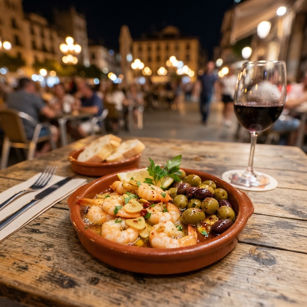 Indulging in classic tapas during a warm summer evening.