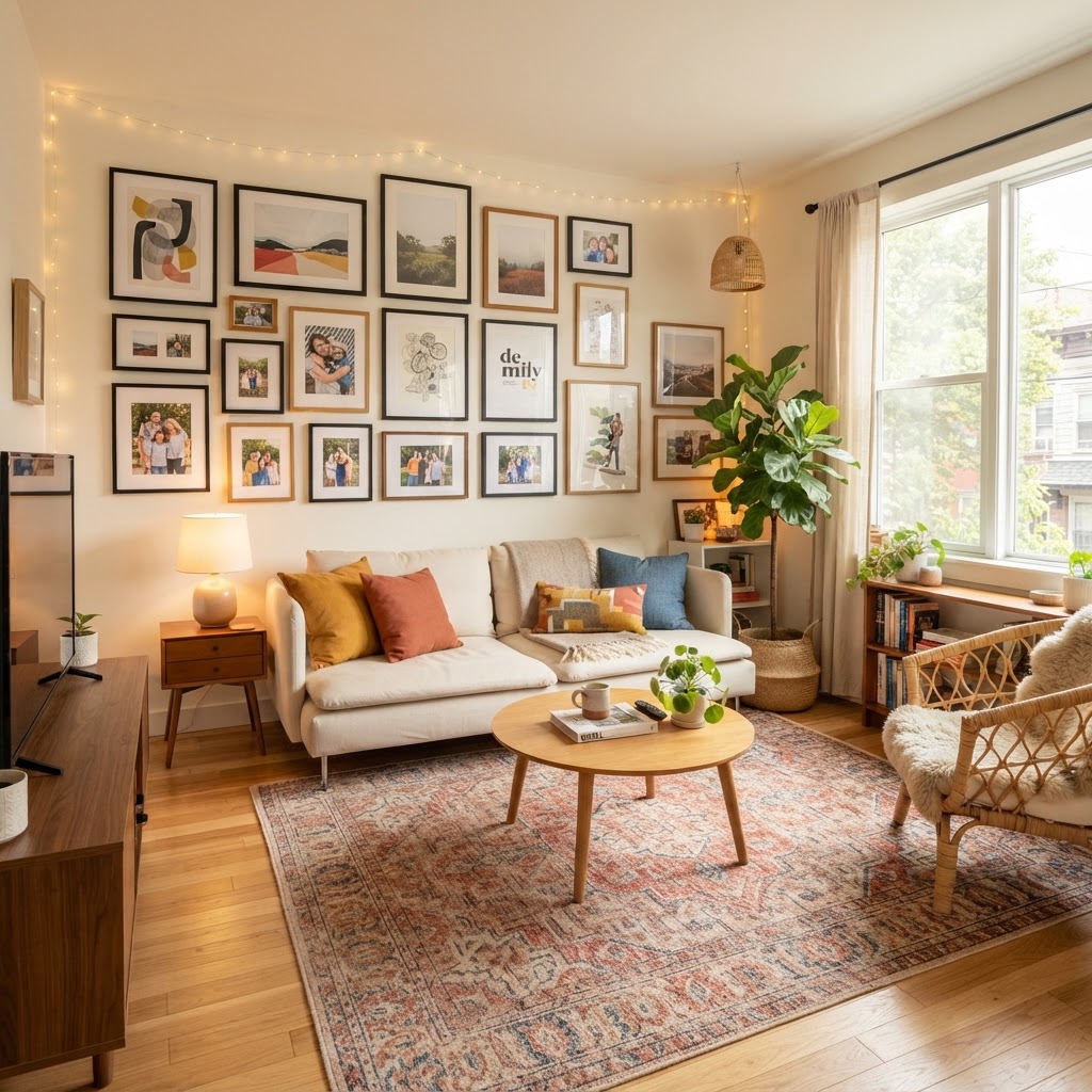 Transforming a rental with layered lighting and art.