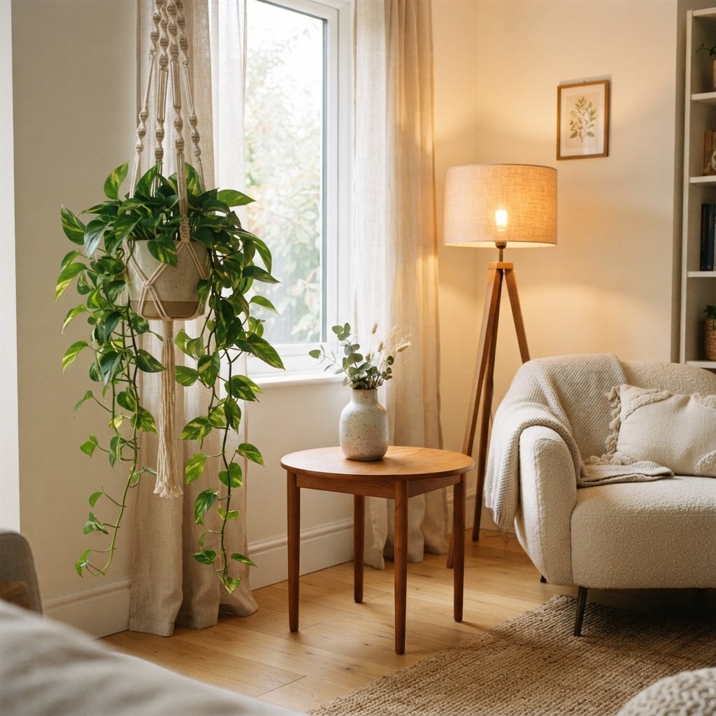 Warm lighting and indoor plants bring life and a welcoming atmosphere to any living space.