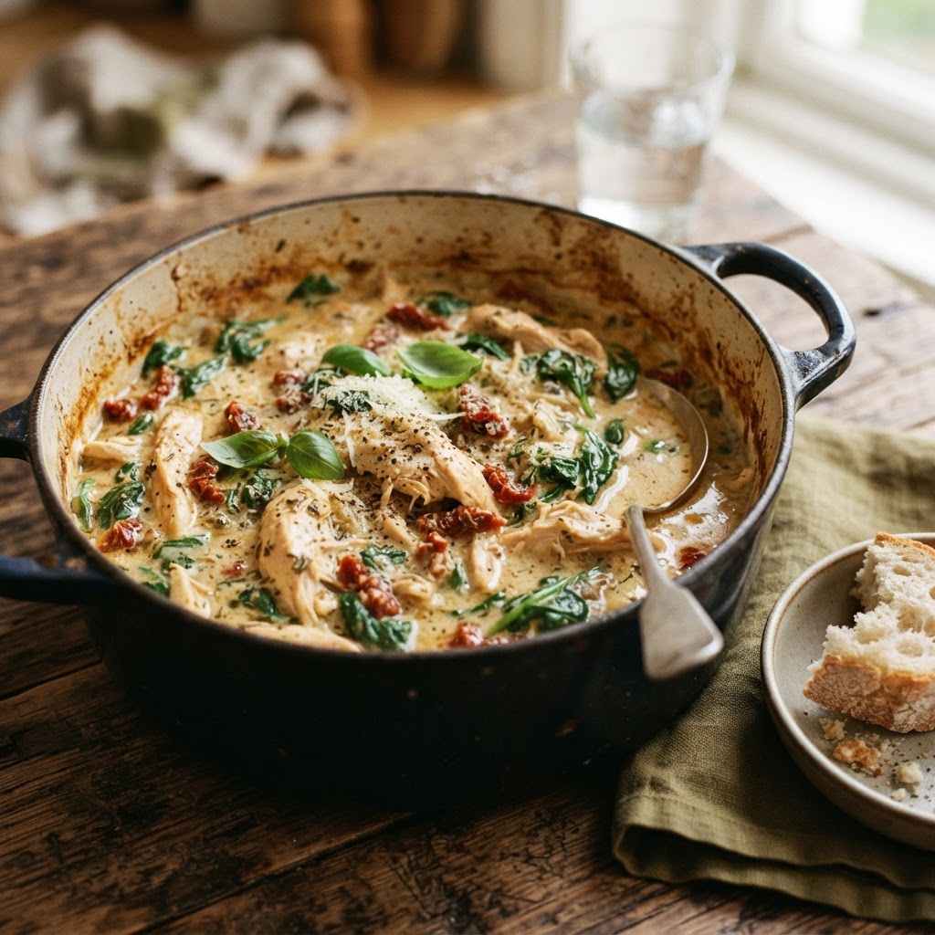 Creamy slow cooker chicken with fresh spinach and tomatoes.