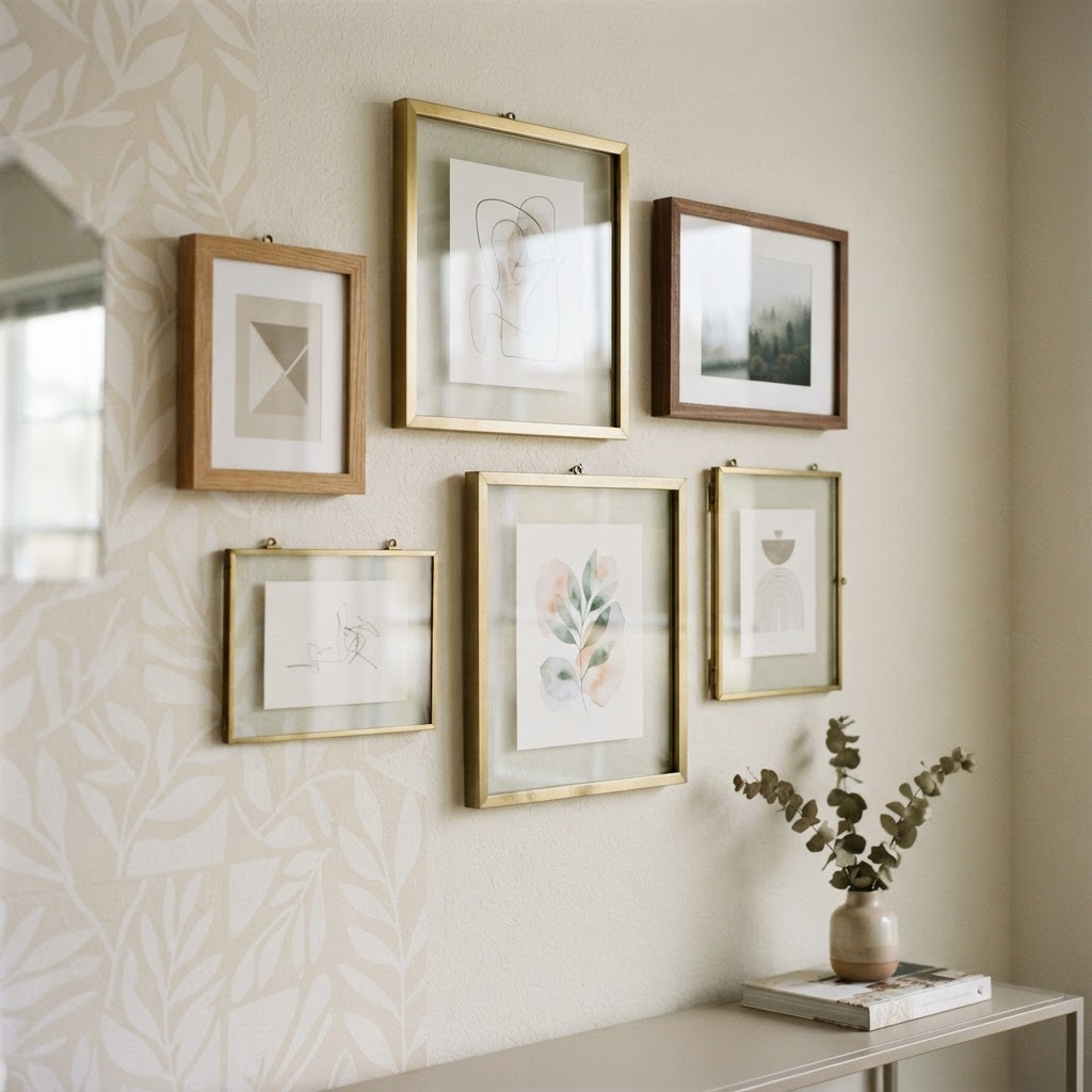 A curated gallery wall adds personality without damaging your walls.