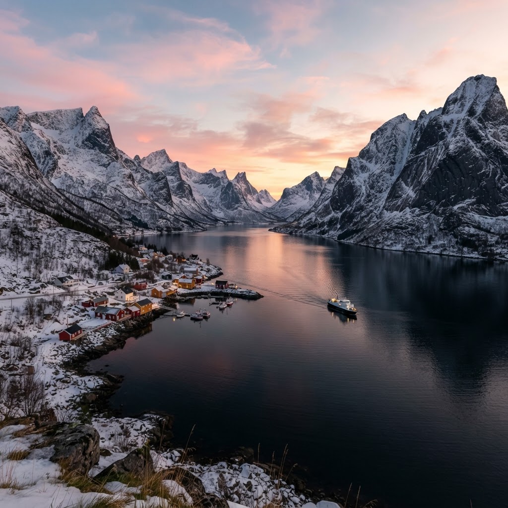 The serene and icy beauty of a Norwegian fjord in winter.