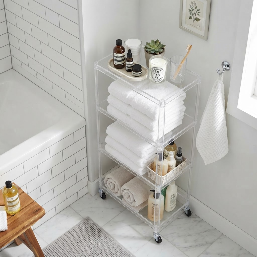 Keep bathroom essentials tidy with a narrow, mobile storage unit.