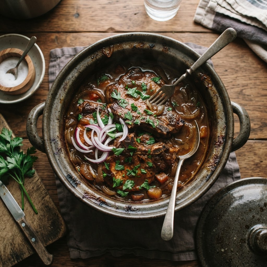 Tender pork chops cooked to perfection with savory onion soup mix.