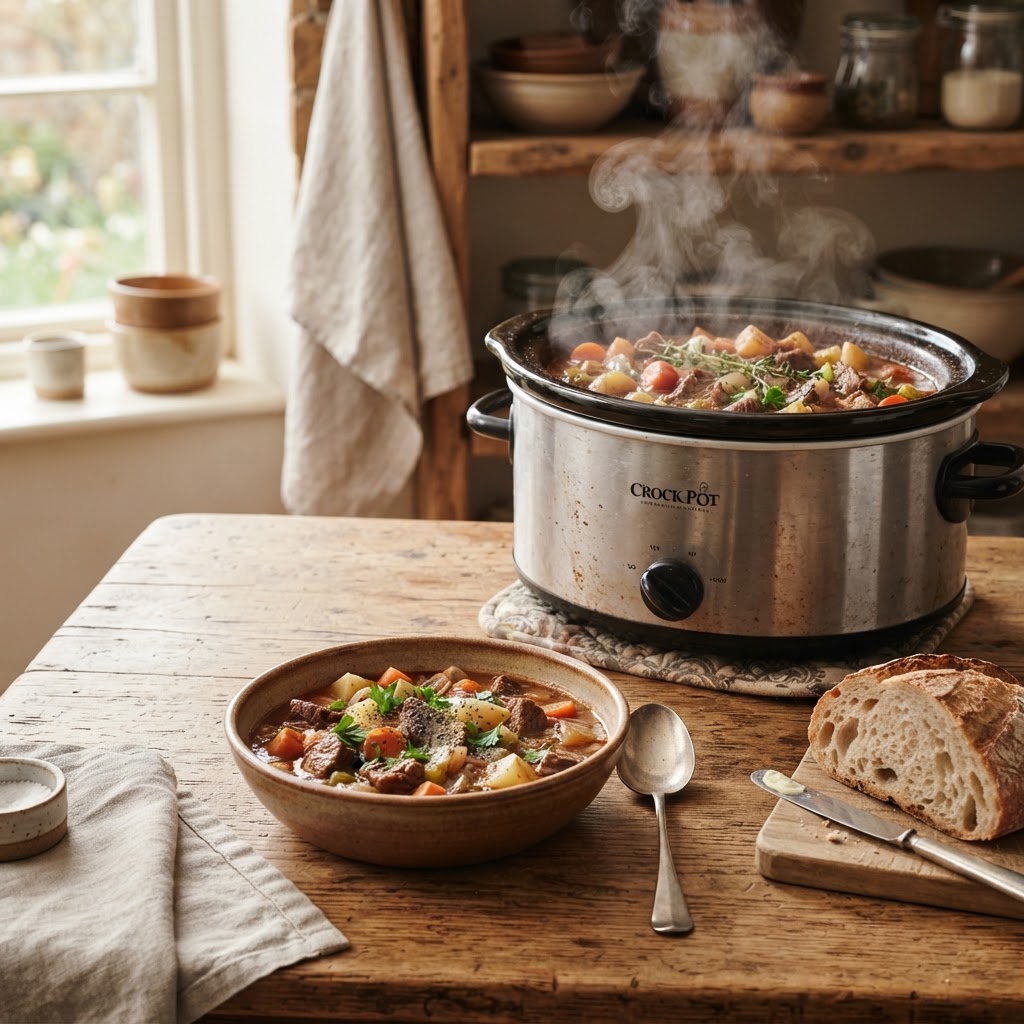 Hearty beef stew slow cooking in a rustic kitchen setting.