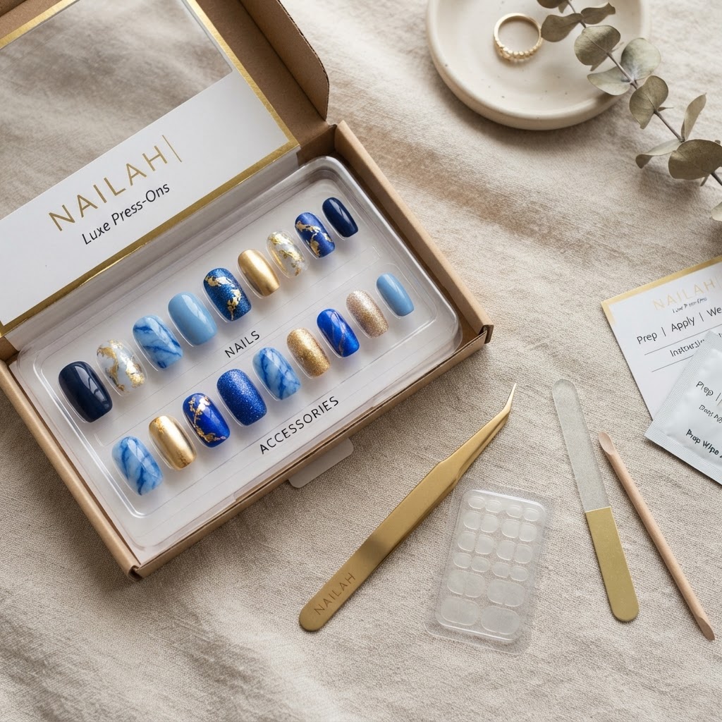 Essential tools for achieving salon-quality press-on manicures at home.