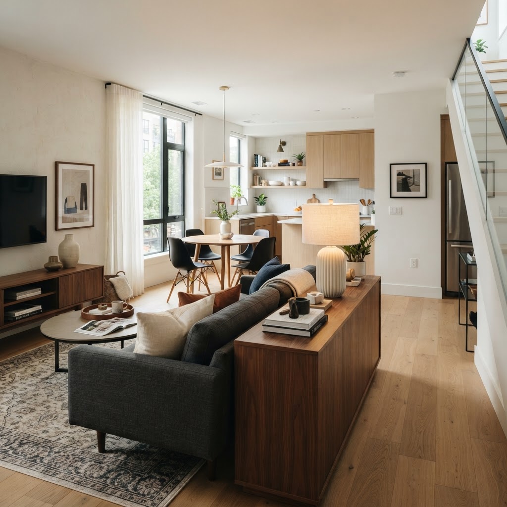 A console table serves as a functional room divider in small layouts.