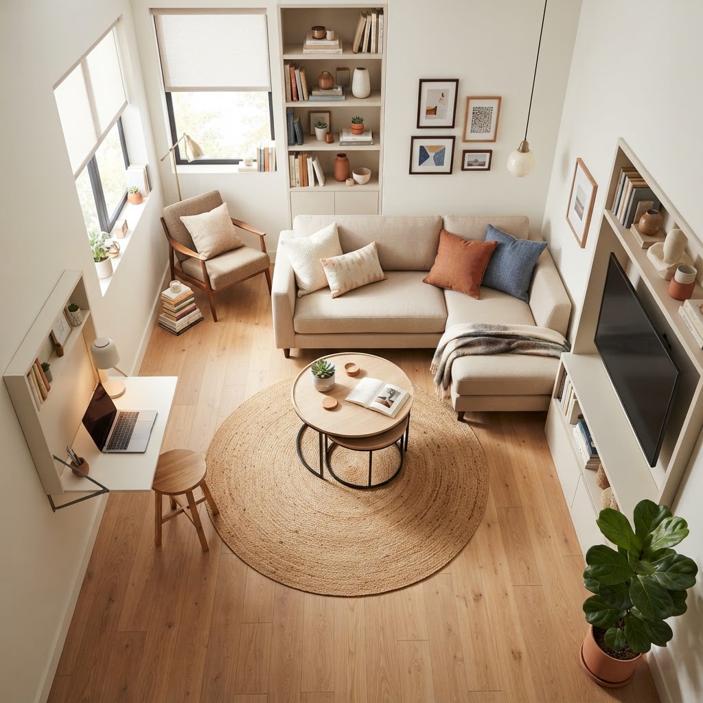 A clean, organized layout helps your tiny room feel spacious and serene.