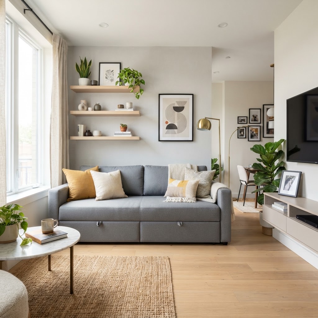 A modern living room maximizing space with wall-mounted storage and a functional sofa.