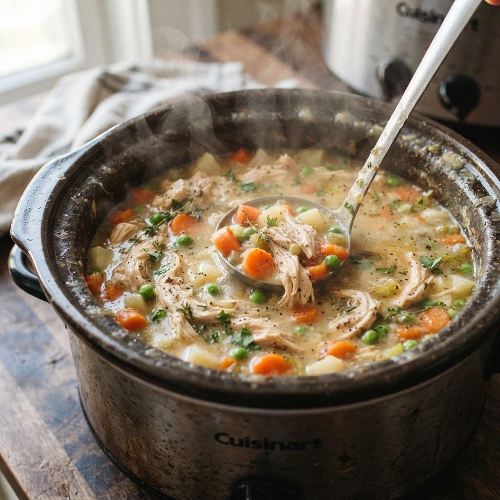 A view inside the slow cooker showing the ingredients of the chicken pot pie soup.