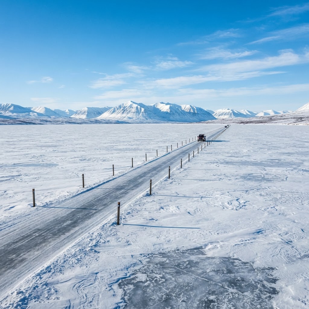 A vast frozen lake serving as a temporary highway in the Arctic.