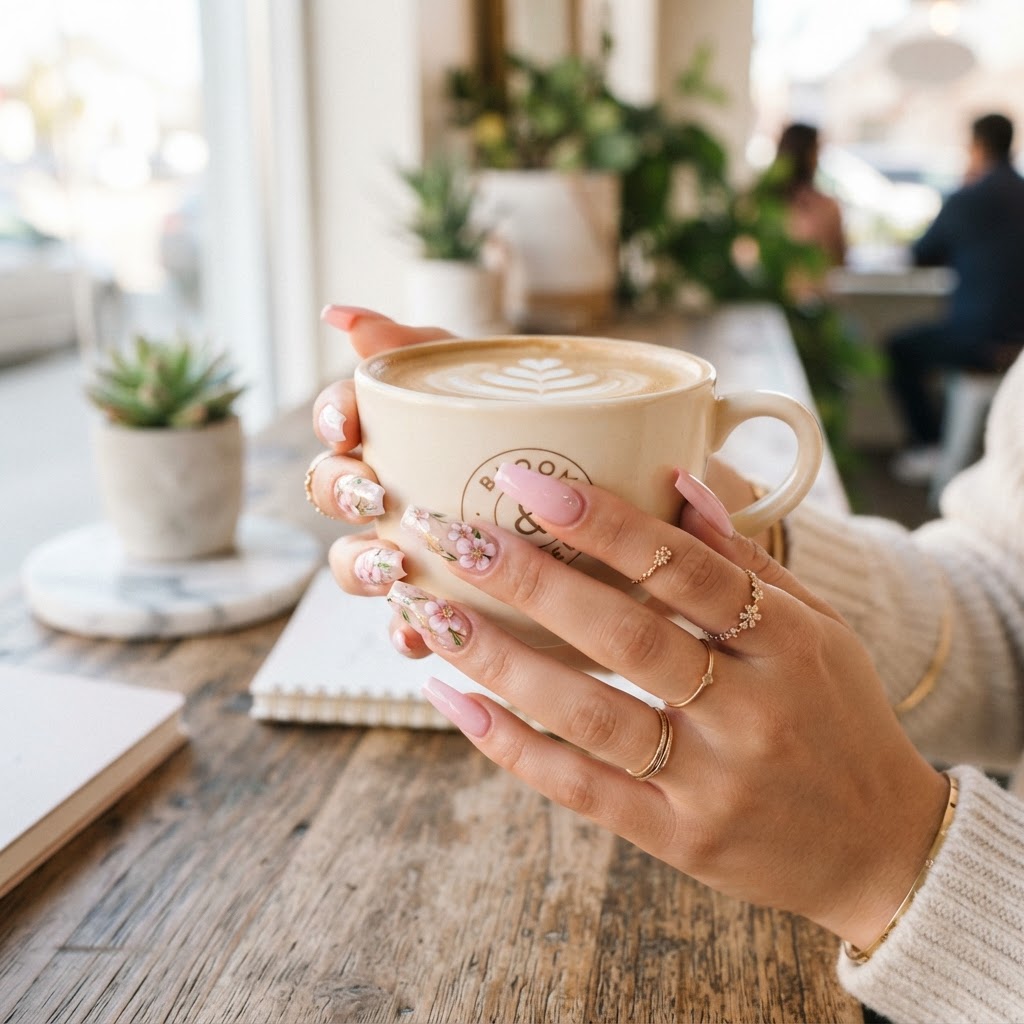 Stylish coffin-shaped pink floral nails ready for your next event.