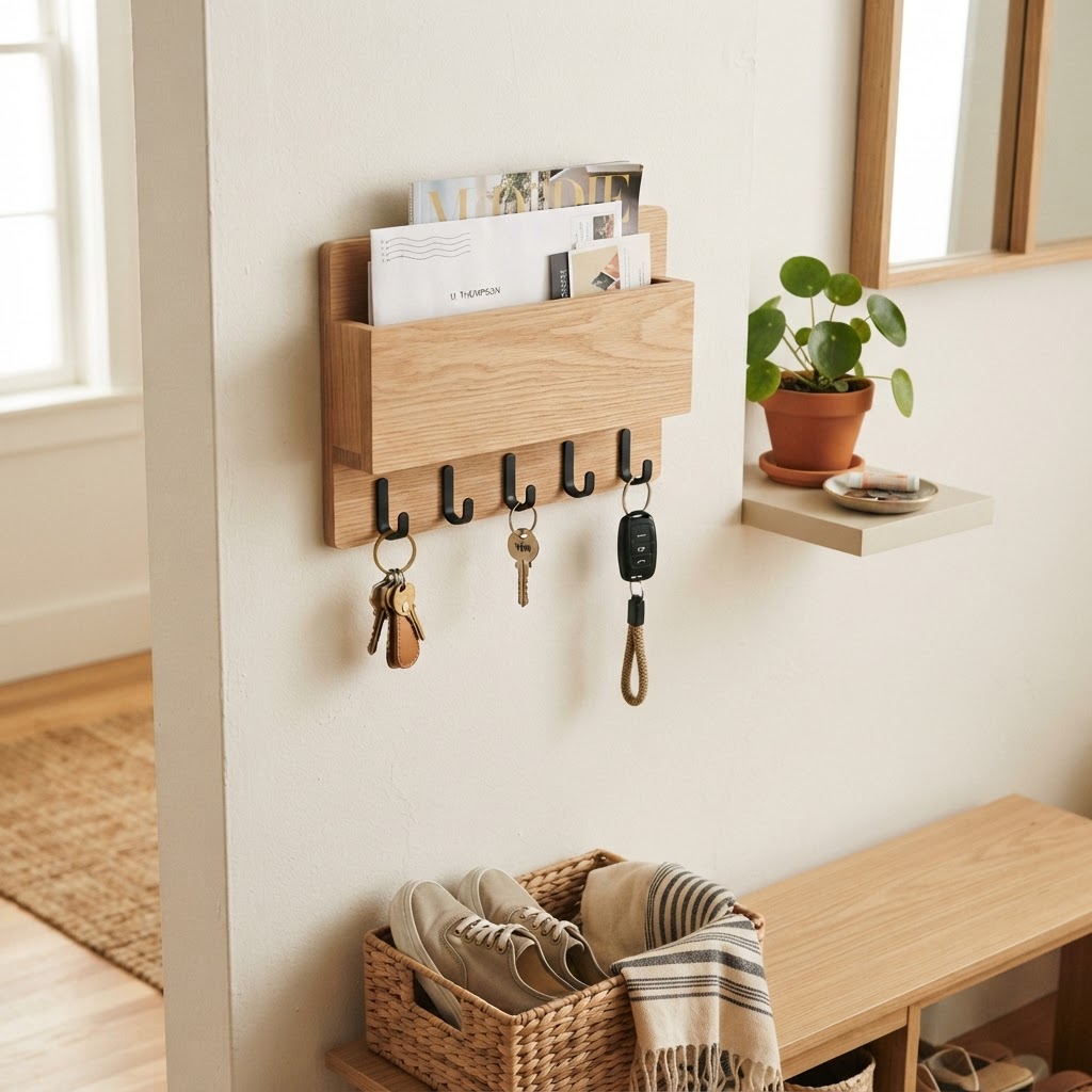Close-up of a stylish adhesive mail and key organizer.