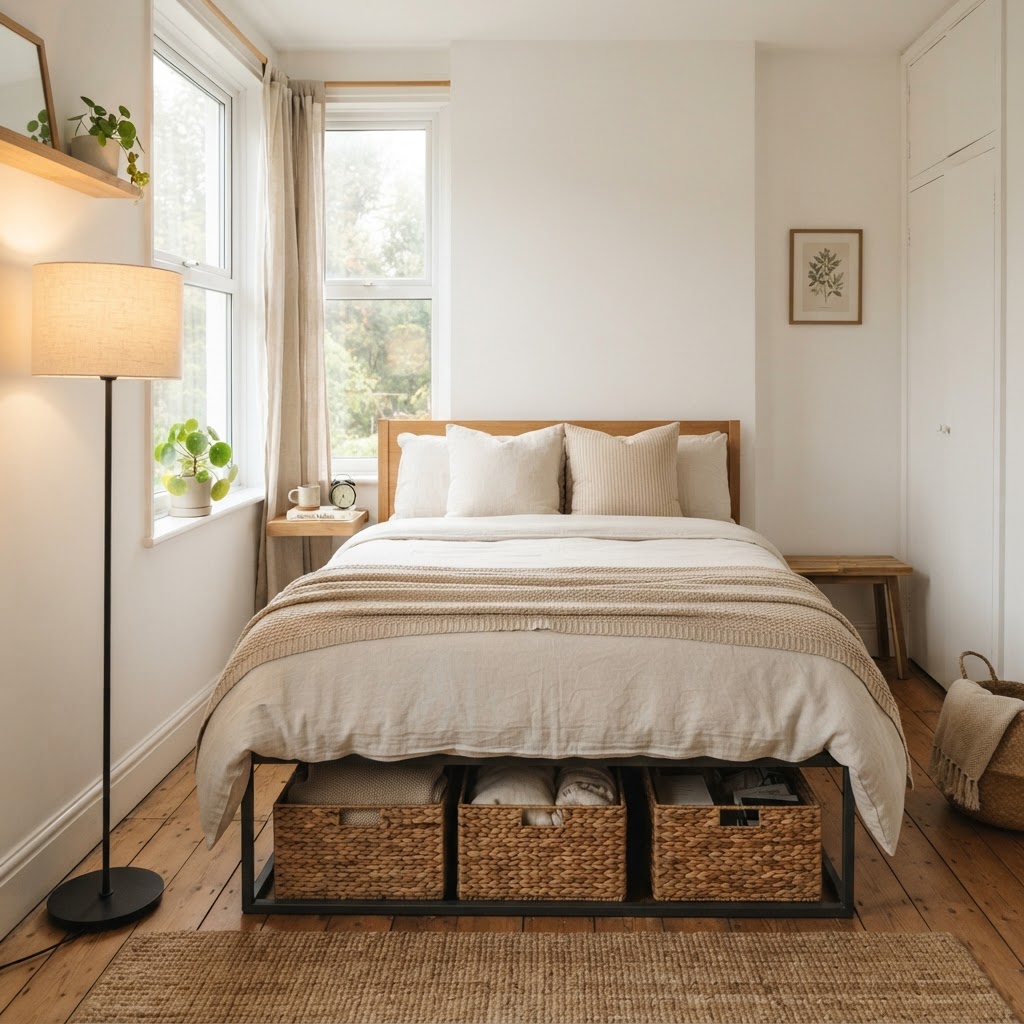 Keeping surfaces clean and using smart storage makes bedrooms feel larger.