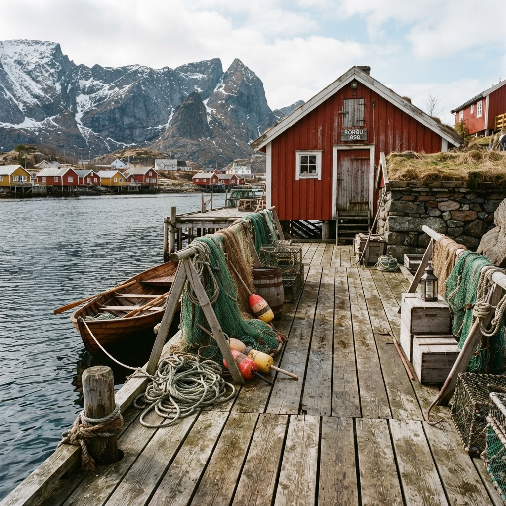 Details of a historic fishing pier in an authentic Norwegian village.