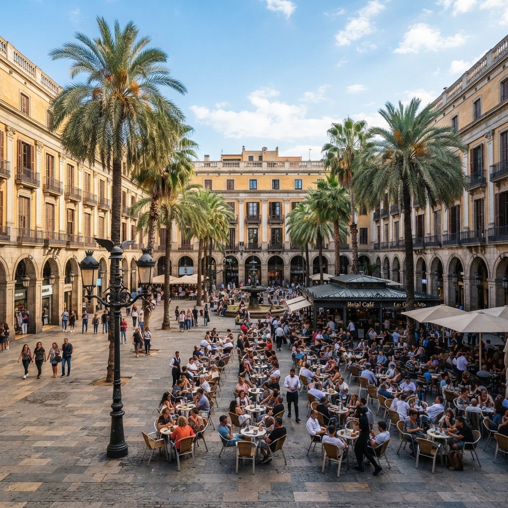 The lively and architectural splendor of Plaça Reial.