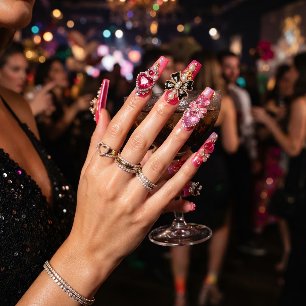 Bold 3d party nails for those who love the coquette aesthetic.
