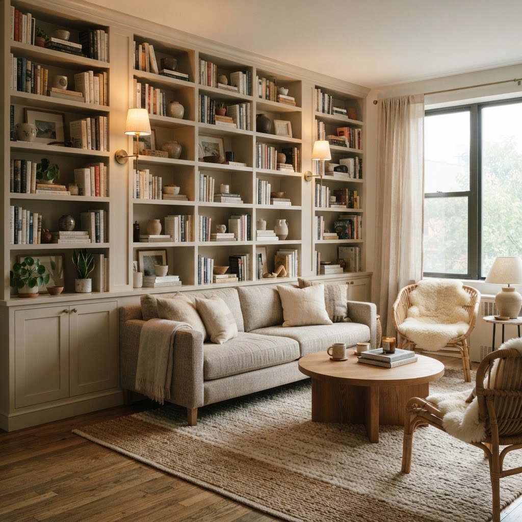 Vertical shelving is essential for keeping floor space clear in tight apartments.