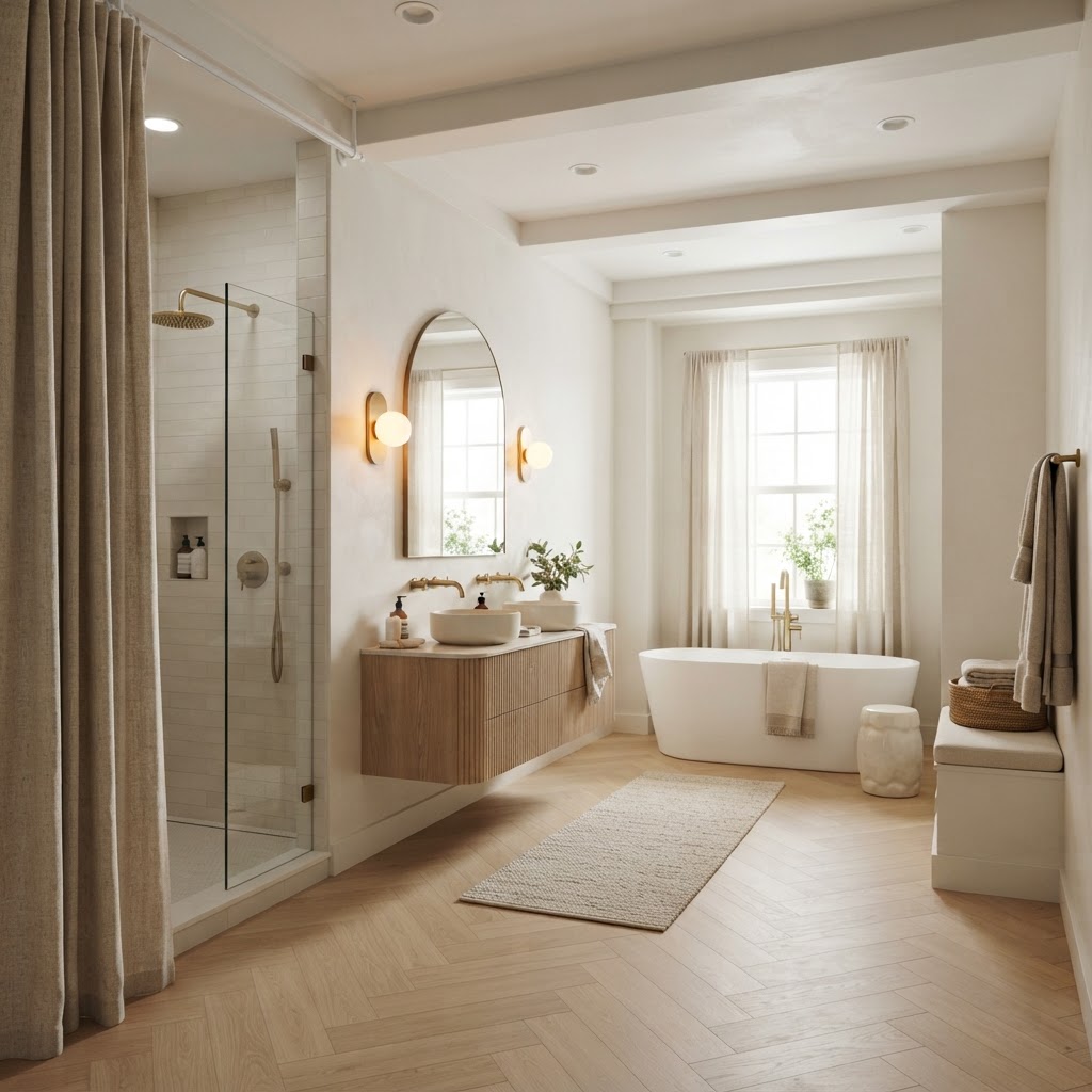 Strategic lighting and long curtains add elegance.