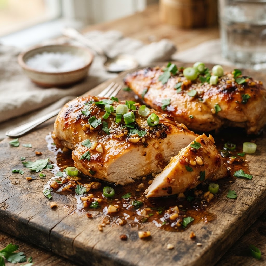 Perfectly glazed honey garlic chicken breast prepared in a crockpot.