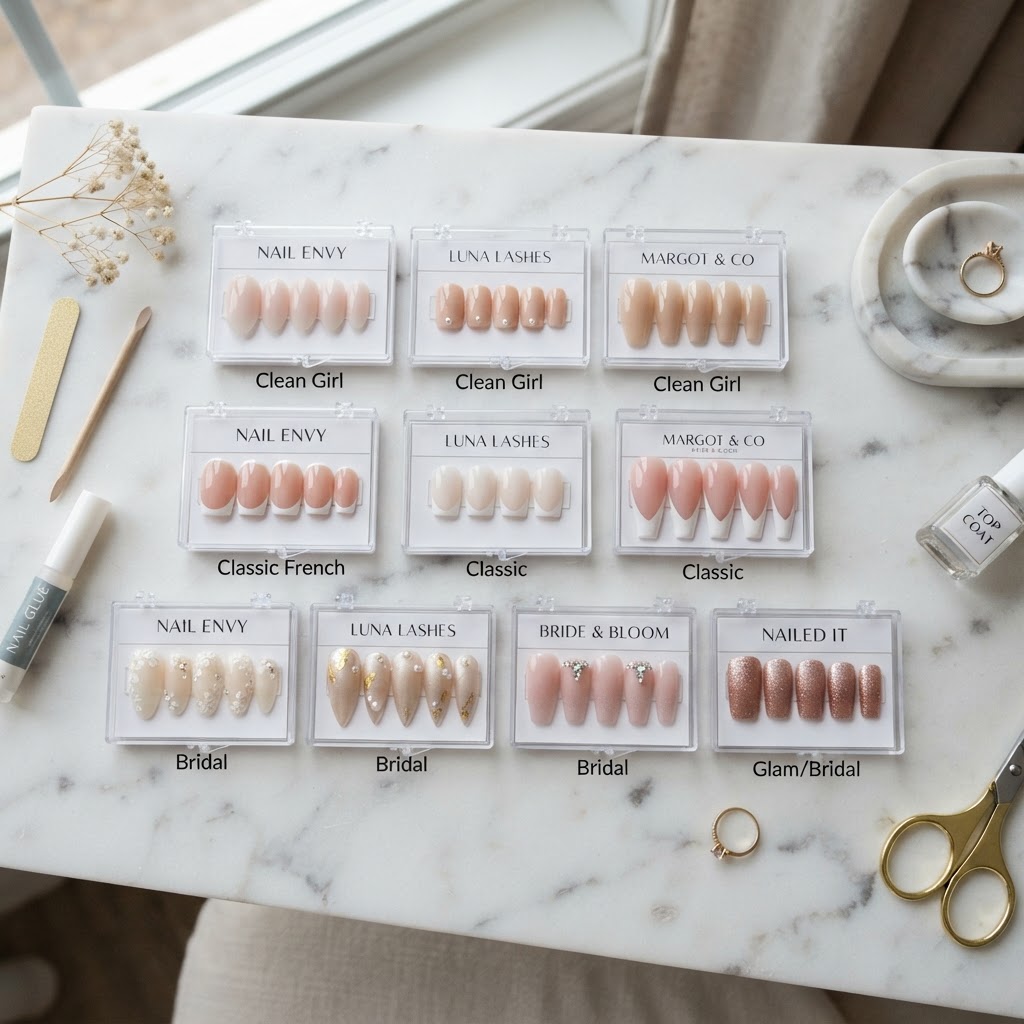 Choose from a variety of high-quality press-on nail sets for your perfect wedding manicure.