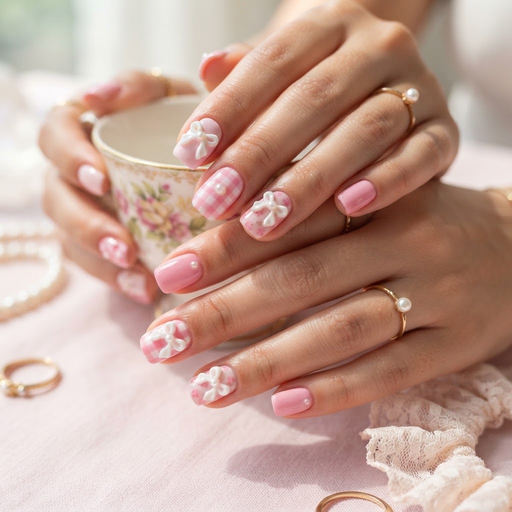 Cute square nails featuring 3D bow accents and a chic pink aesthetic.