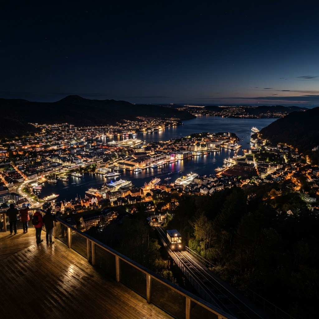 The shimmering city lights of Bergen seen from Mount Fløyen.