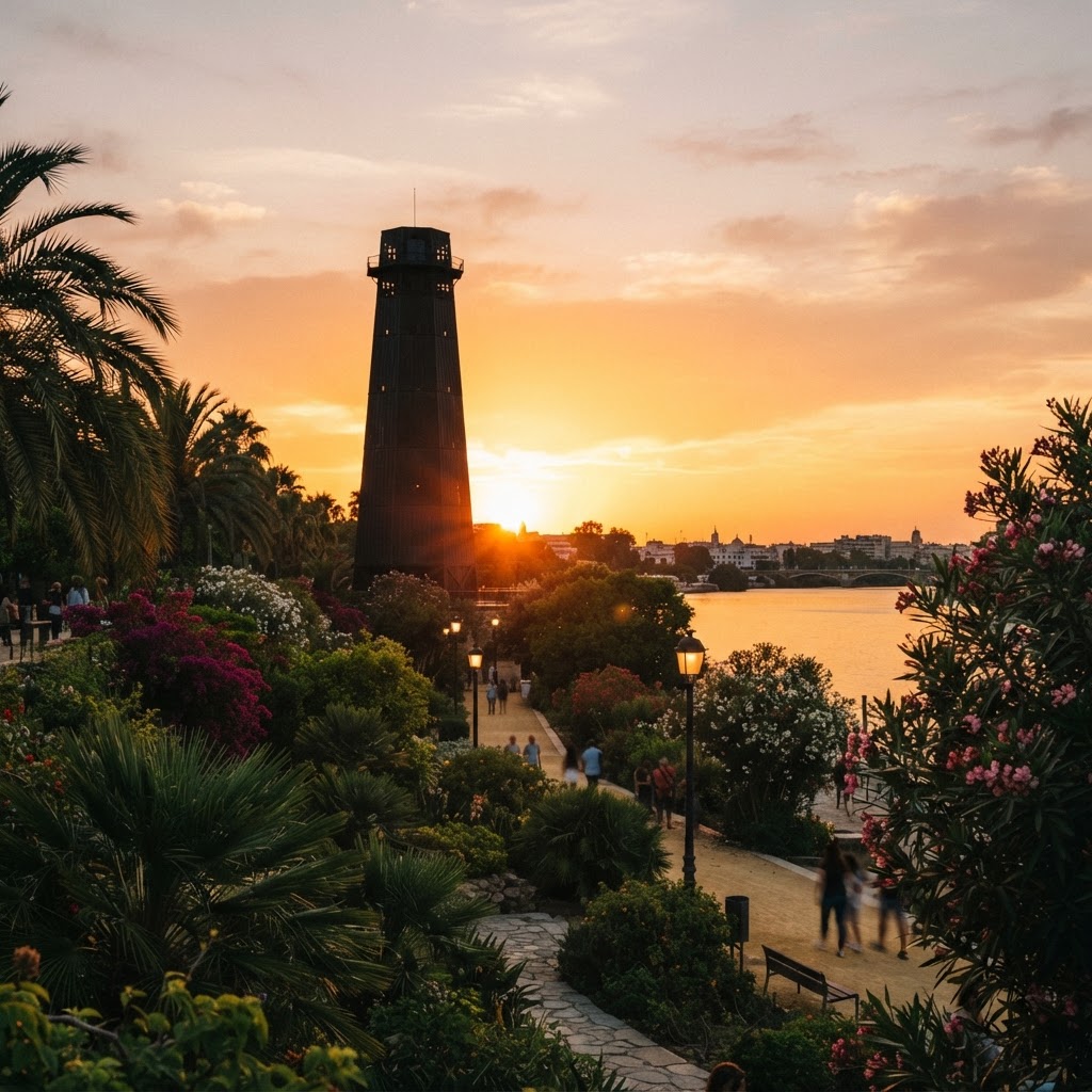 The unique silhouette of the Torre de los Perdigones stands as a testament to Seville's industrial history.