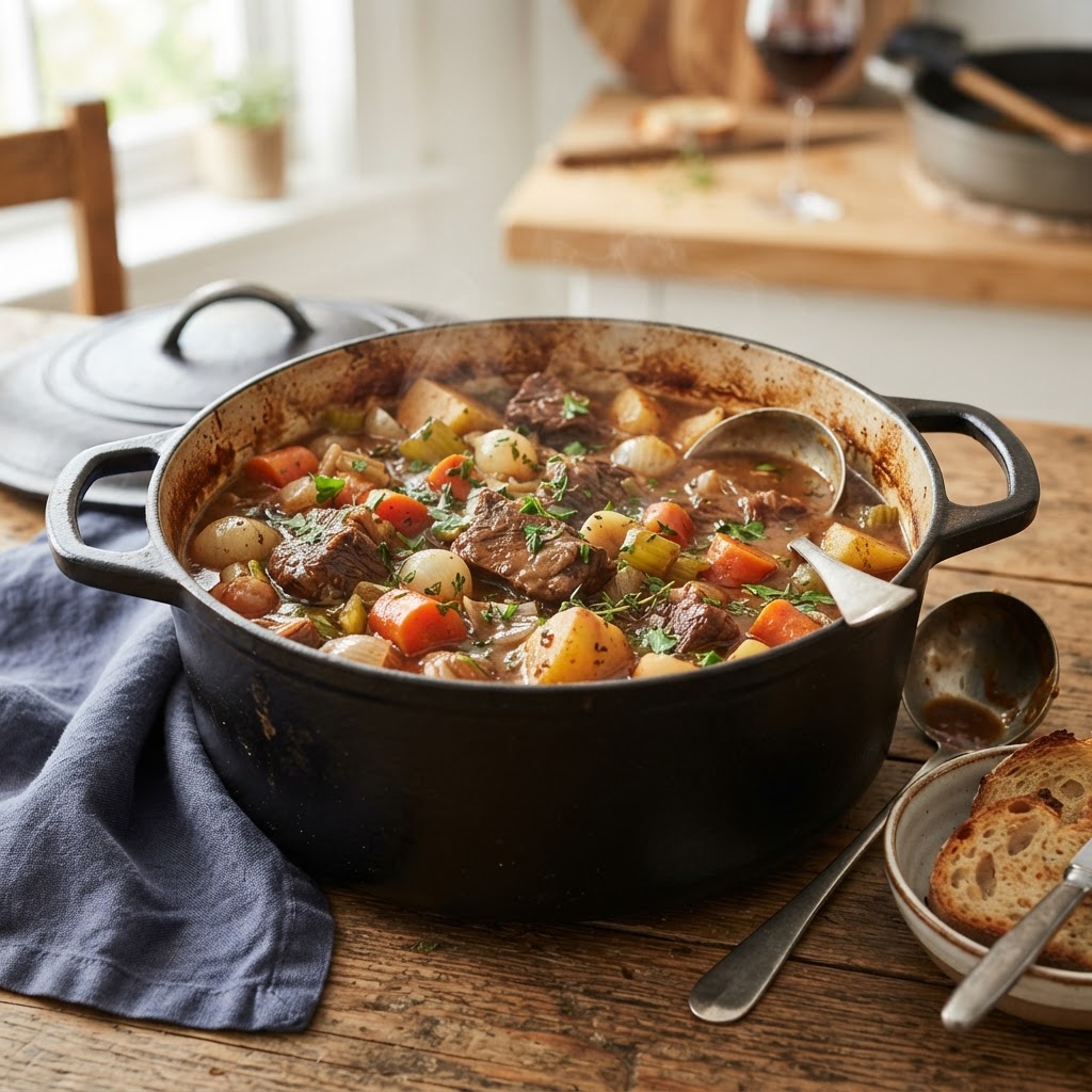 The rich texture and deep colors of a perfectly prepared slow-cooked beef stew.