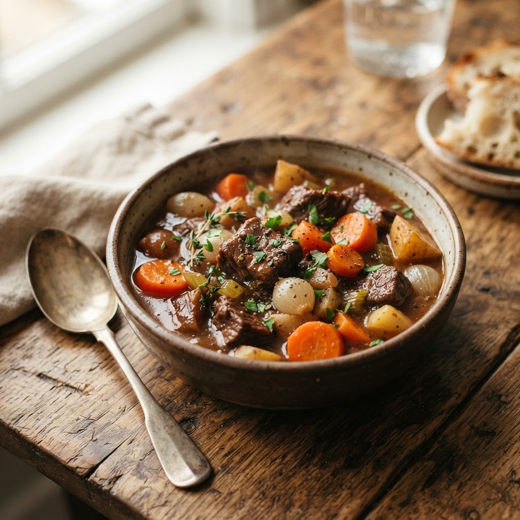 A bowl of beef stew with carrots, perfect for a cozy dinner.