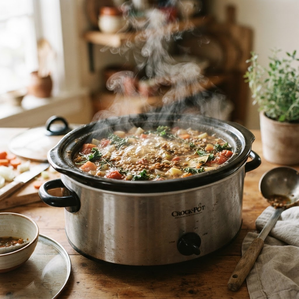 Slow-cooked lentil soup bubbling in the crockpot.