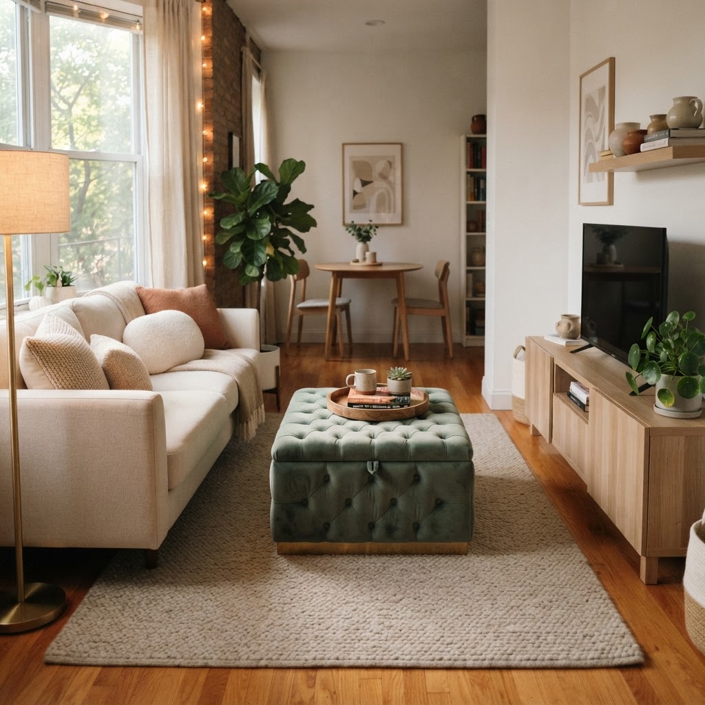 A velvet storage ottoman adds both elegance and hidden space to a compact living room.