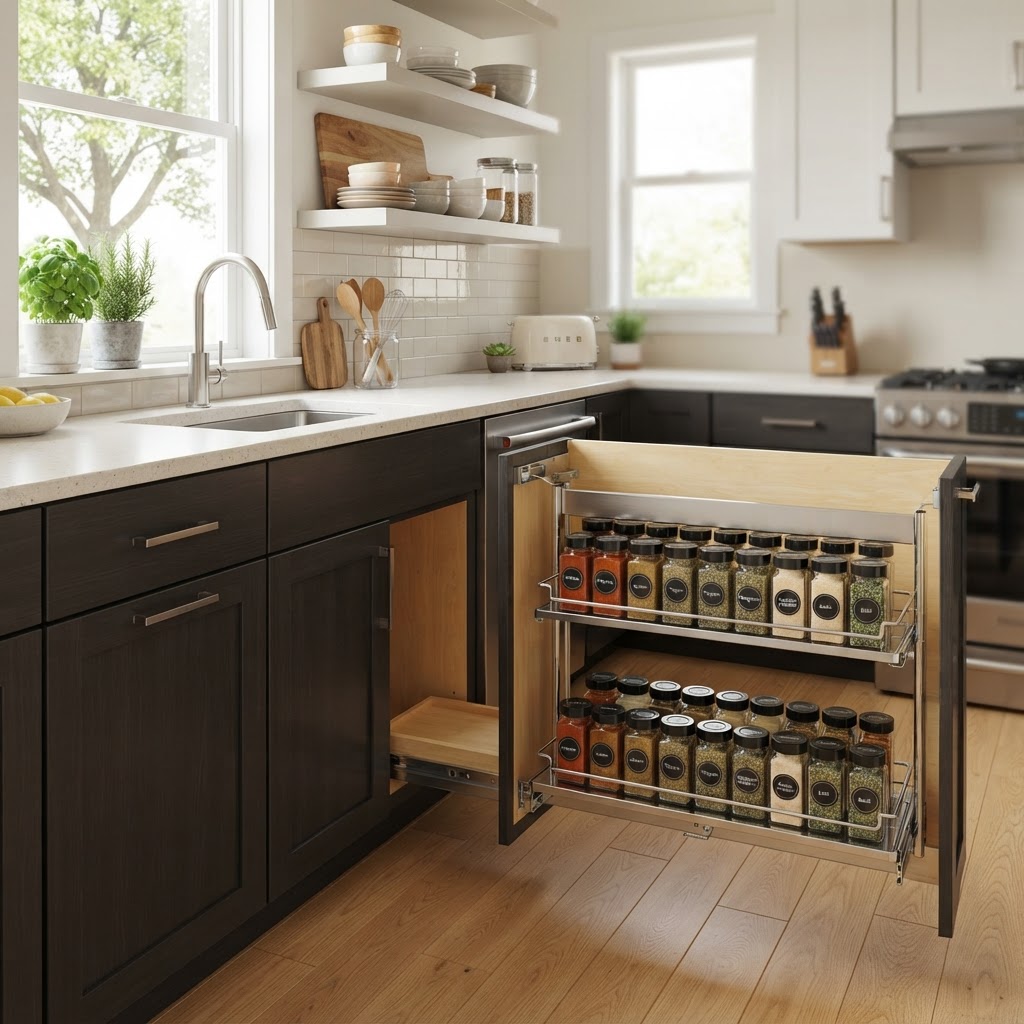 Smart pull-out spice racks make the most of narrow, awkward spaces.