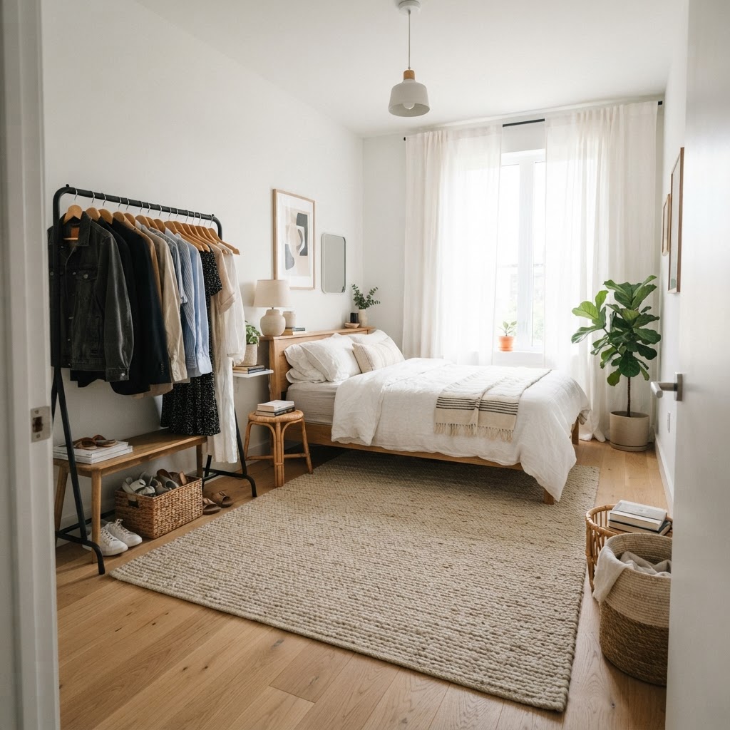 Open wardrobe systems keep small rooms feeling light and organized.