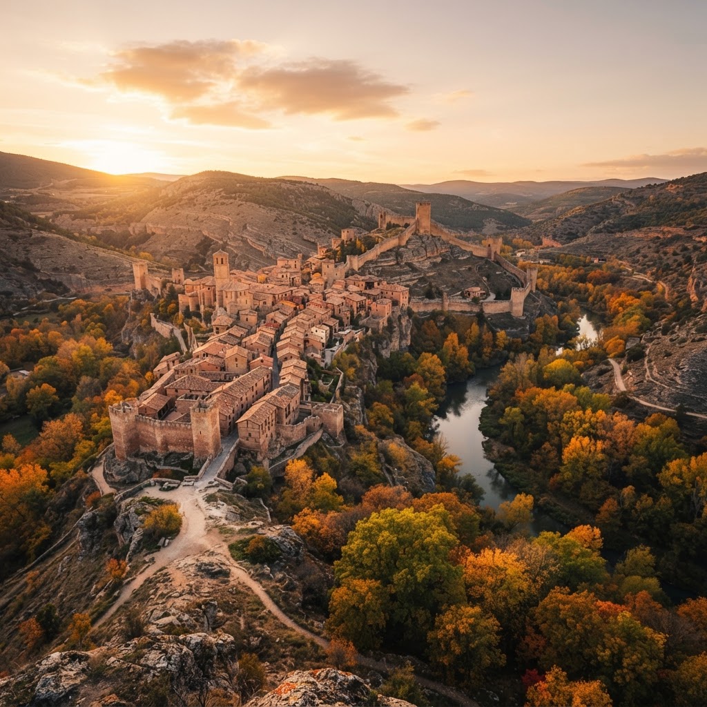 The golden hour light brings the pink stone of Albarracin to life in autumn.