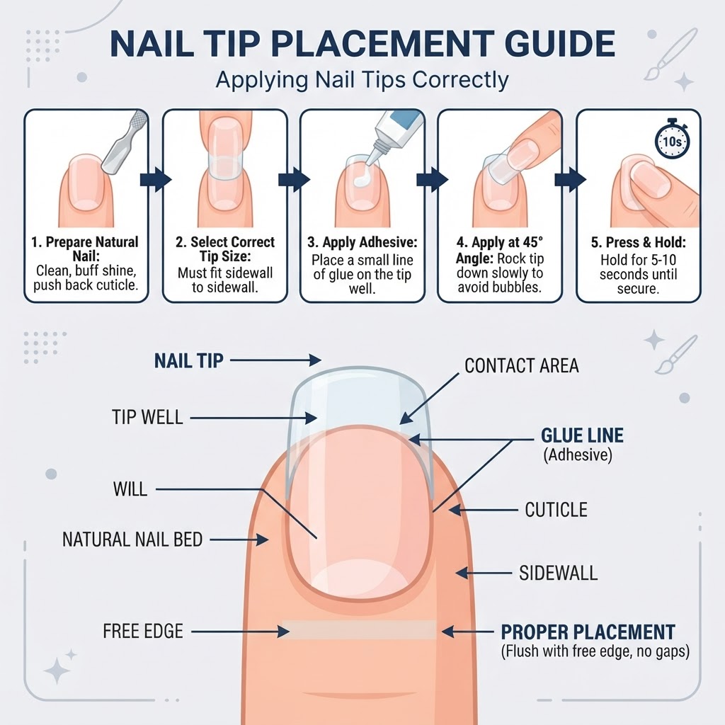 Understanding the correct technique for applying nail tips.