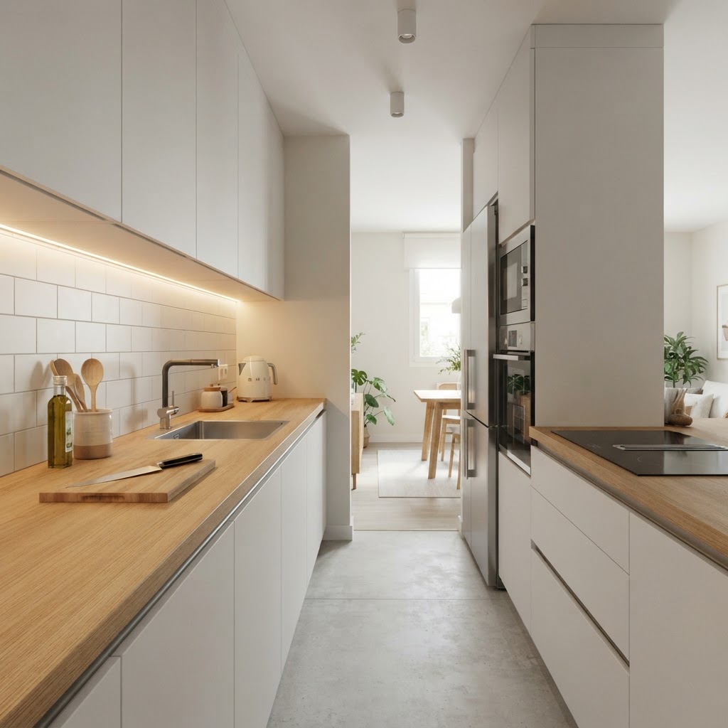 Clean lines and clever lighting make this small galley kitchen look spacious and modern.