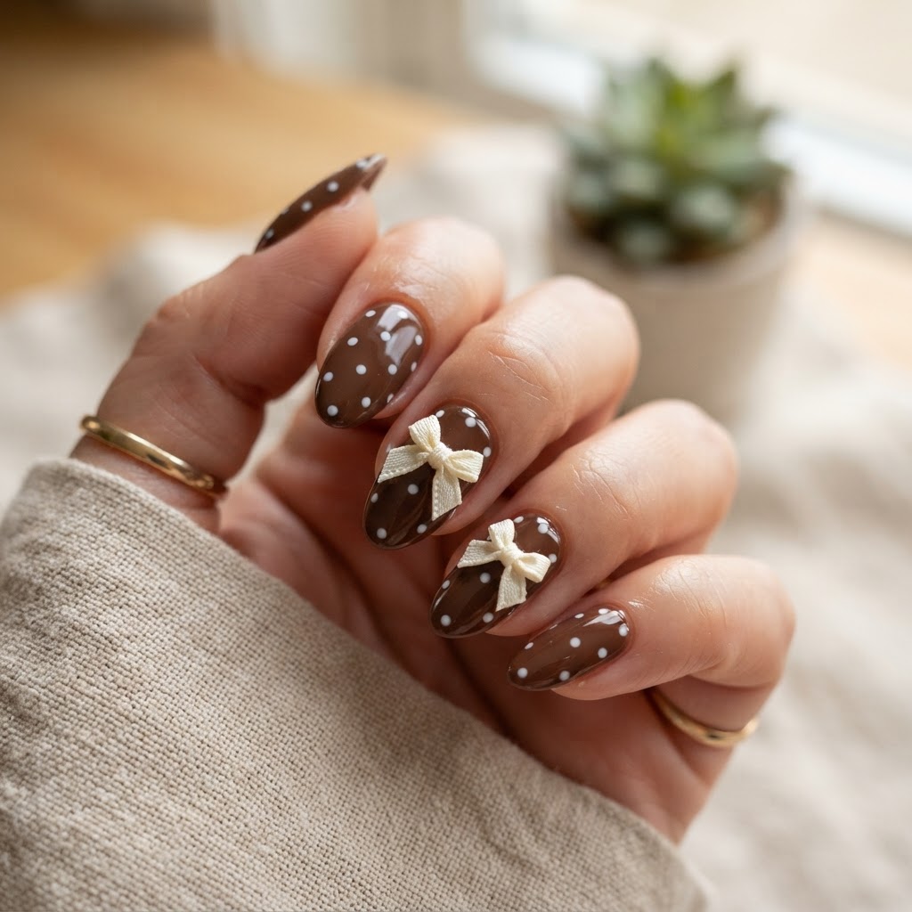 Close-up of trendy brown polka dot and bow nail art.