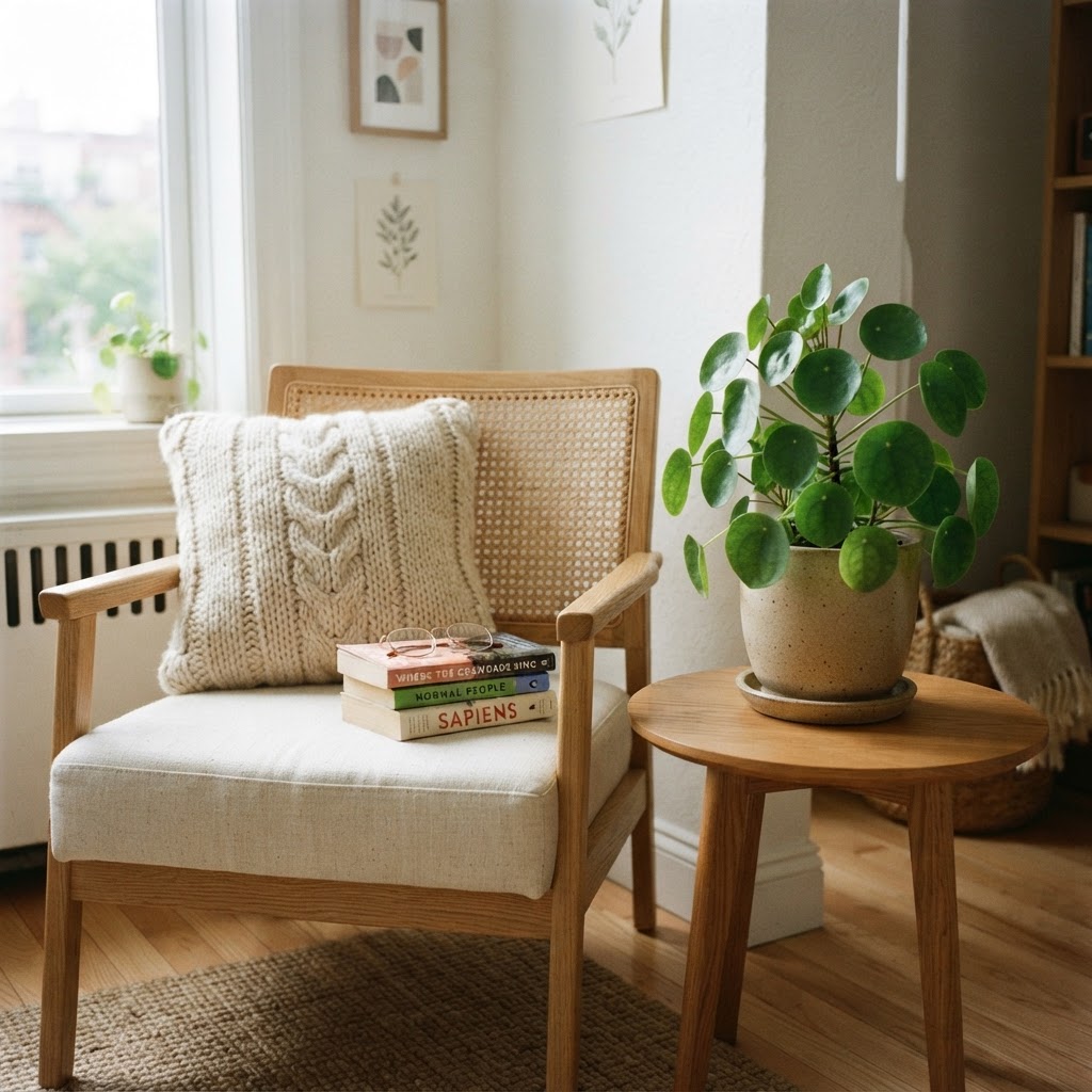 Plants and personal touches turn a small corner into a peaceful nook.