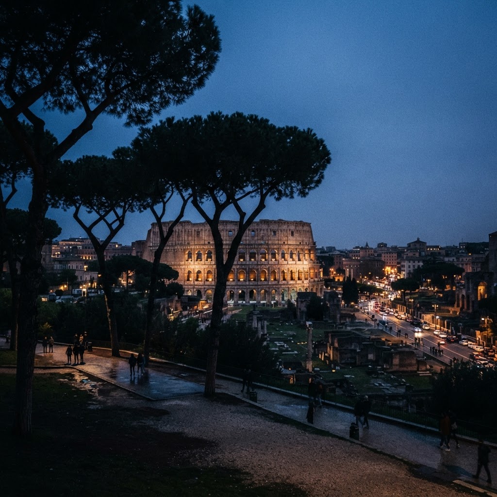 A panoramic view of the Colosseum from the elevated Colle Oppio.