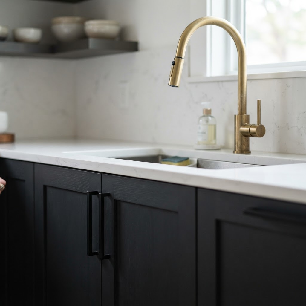 Replacing cabinet hardware creates an instant high-end feel.