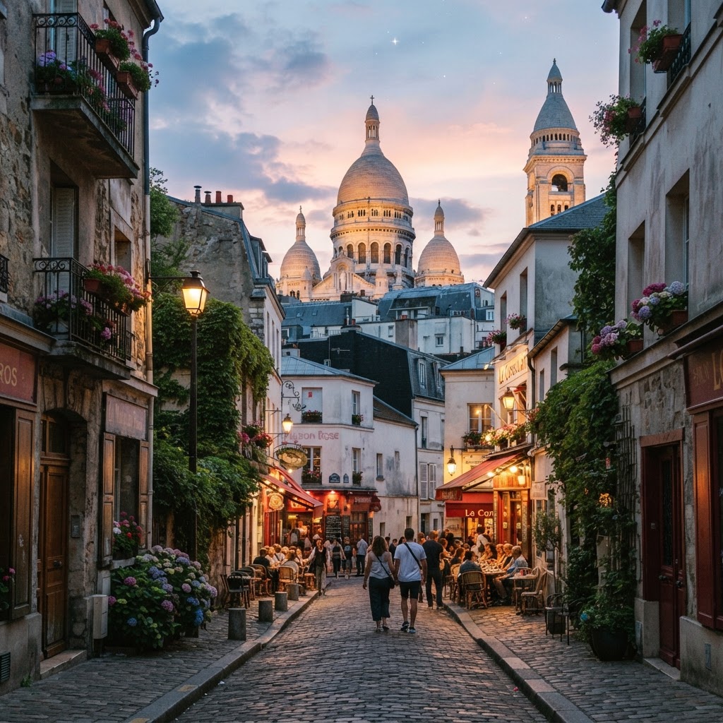 A view of the Sacré-Cœur from the winding streets below.