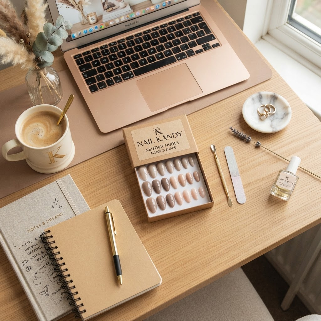 Neutral press-on nails are the perfect accessory for a productive study session.