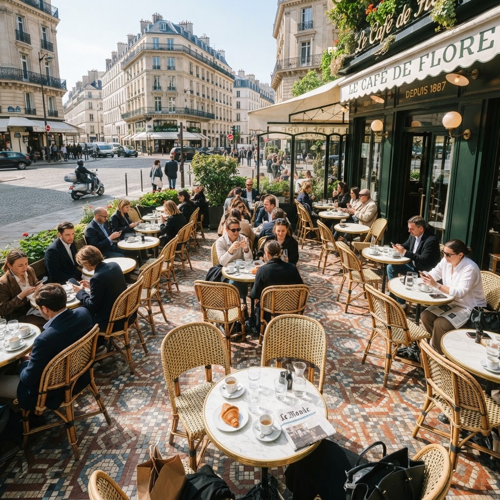 The simple elegance of a sunlit bistro adds a touch of European leisure.