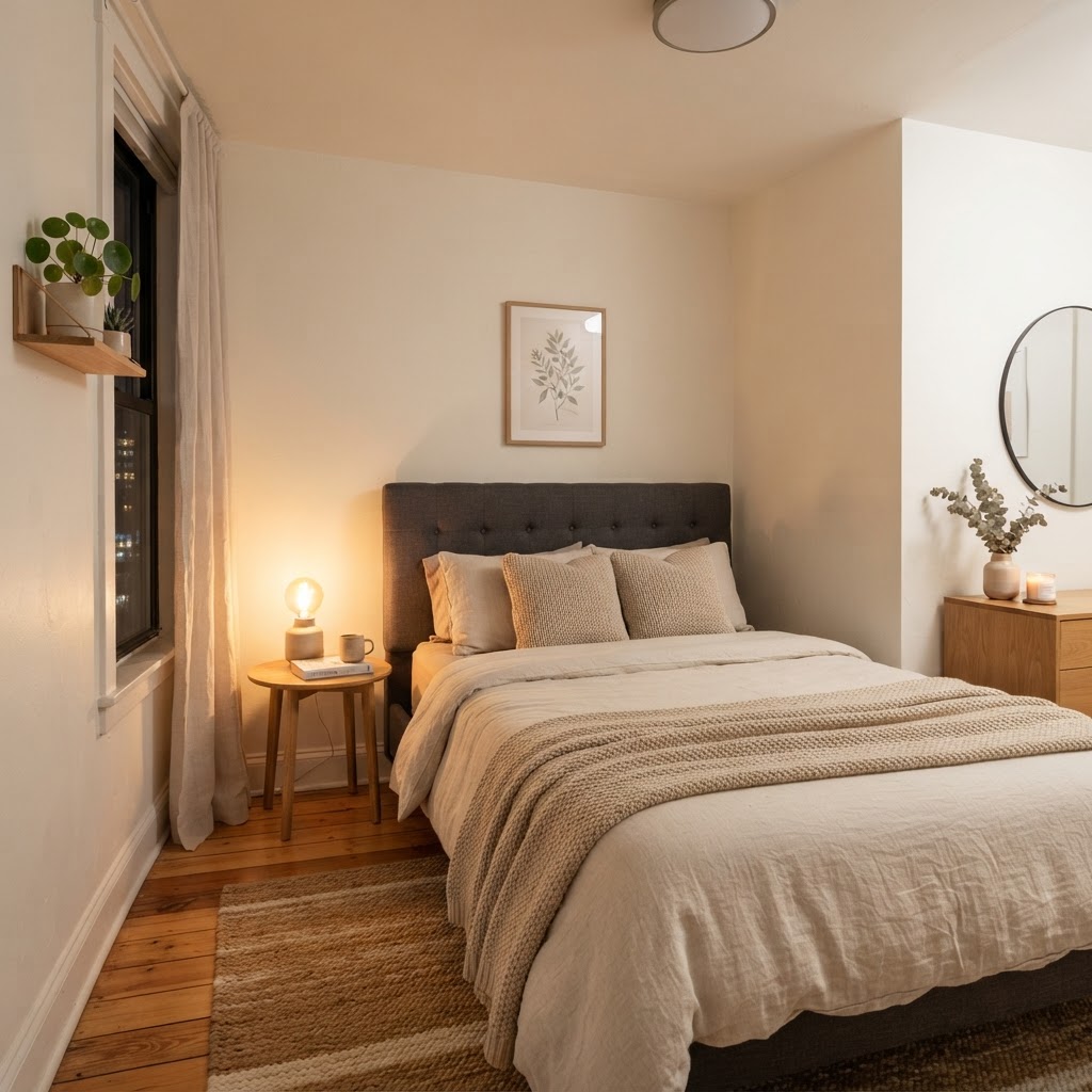 A minimalist headboard anchors the bedroom space.