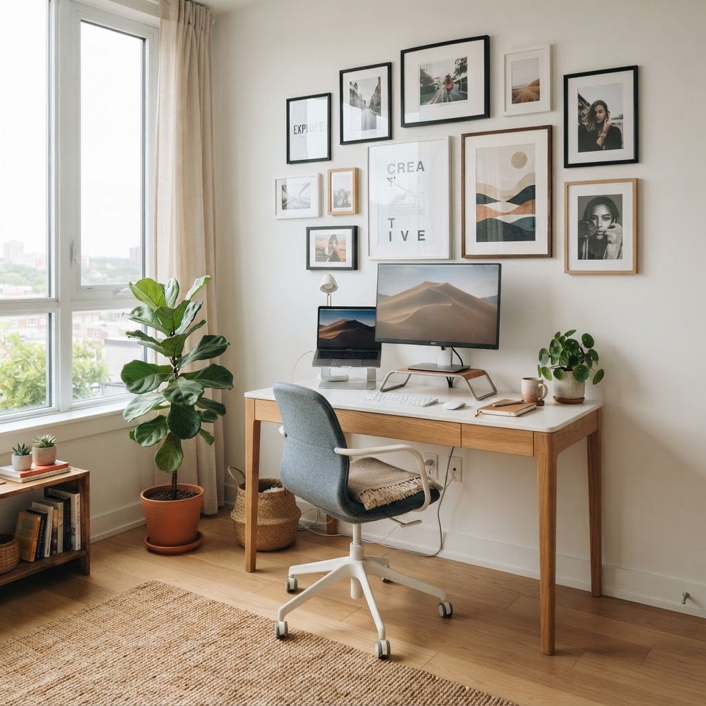 A curated gallery wall adds personality without damaging your rental walls.