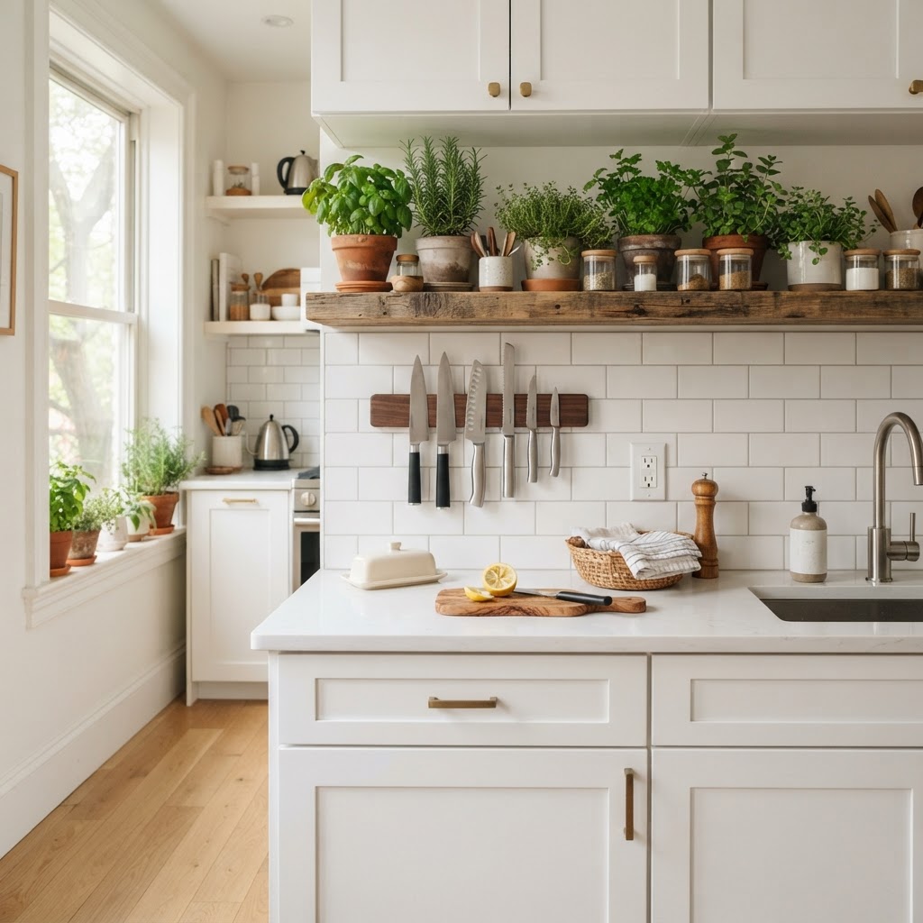 Vertical storage and natural light make this small kitchen feel open and functional.